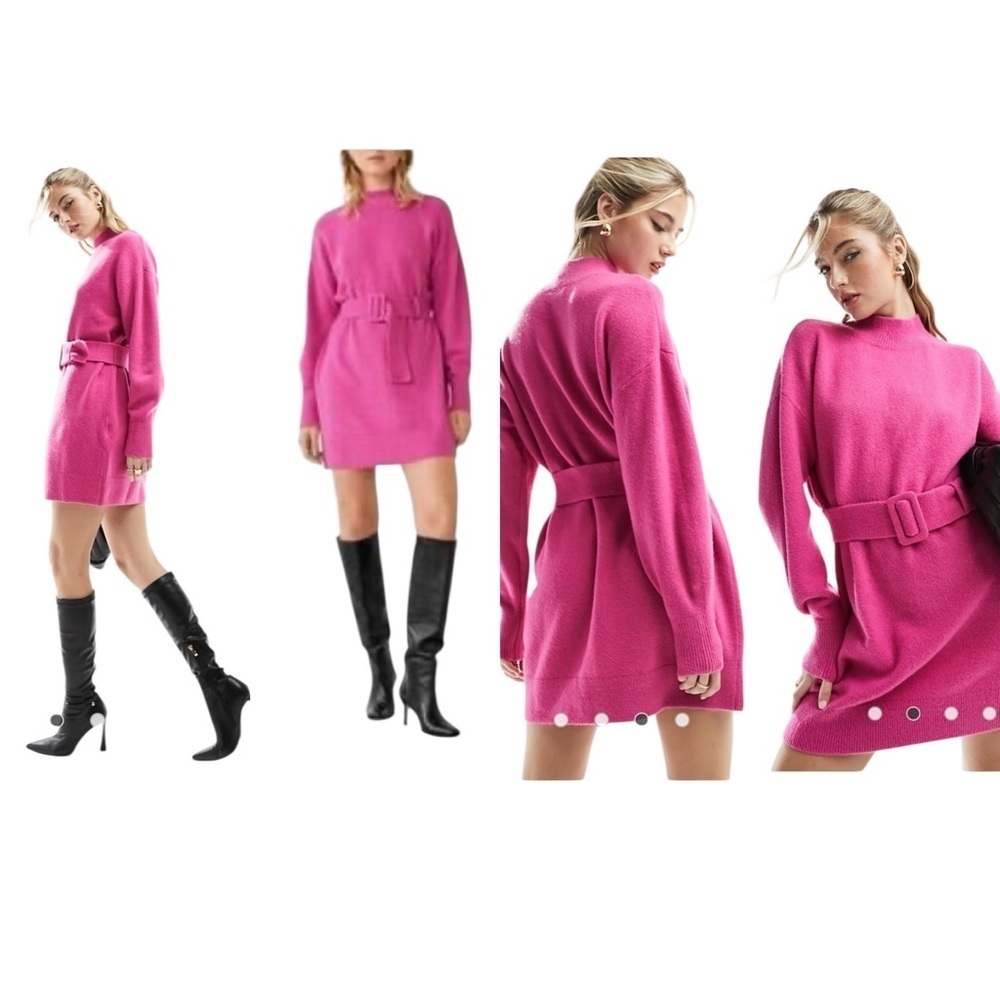 & Other Stories Pink Wool Mix Knit Long Sleeve Mock Neck Belted Mini Dress S XS